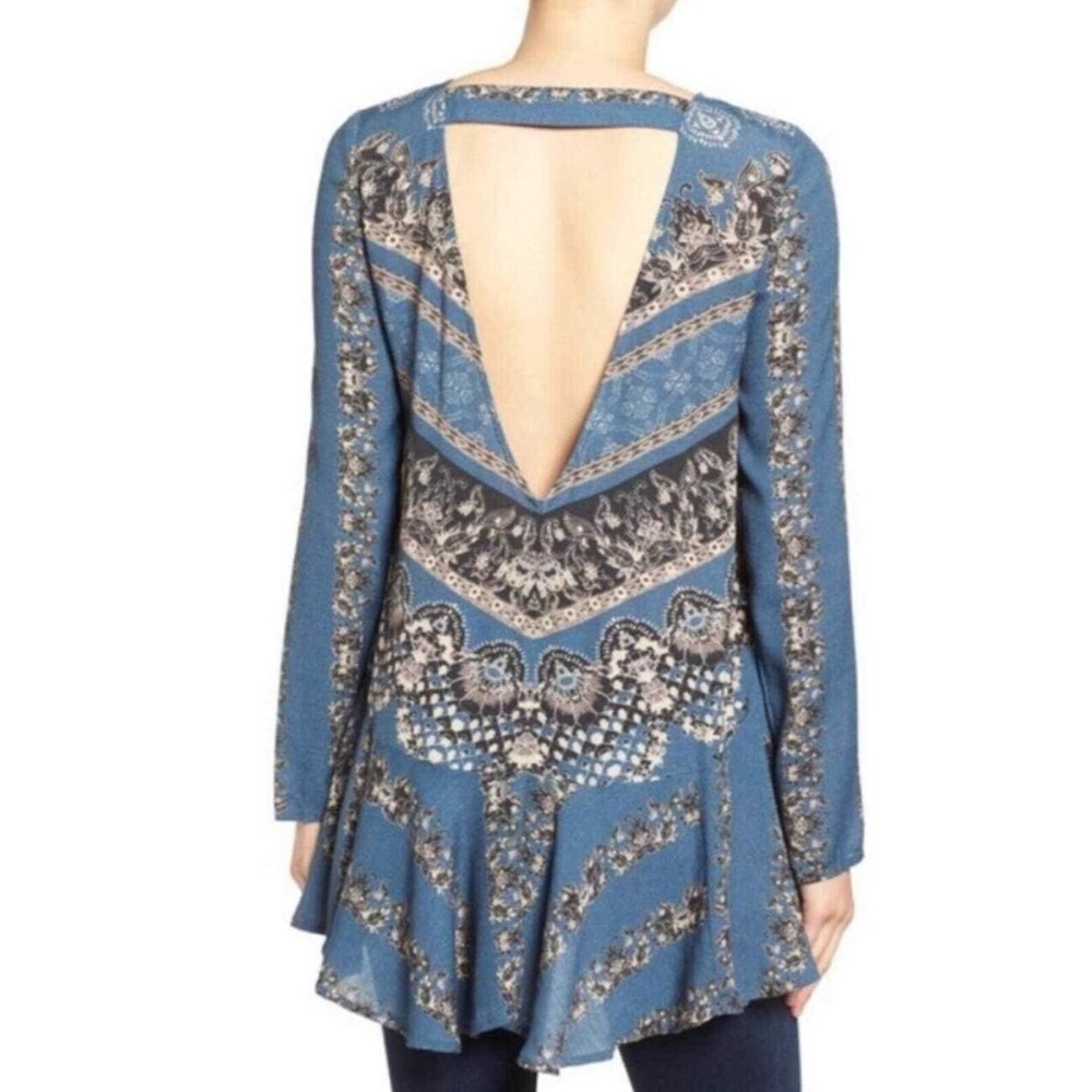 Free People Smooth Talker Tunic Mini Dress Geometric Boho Festival LS Blue Large - Picture 6 of 16